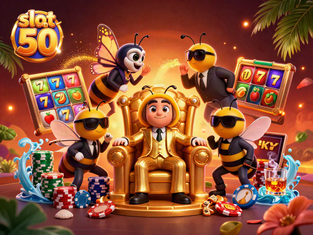 Engage with slot bet 50 while observing a bumblebee mob boss ruling a vibrant casino scene.