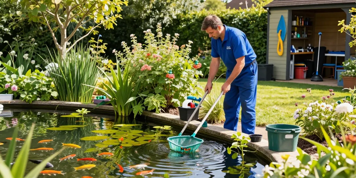 Pond Cleaning Essex technician maintaining a healthy garden pond surrounded by greenery.