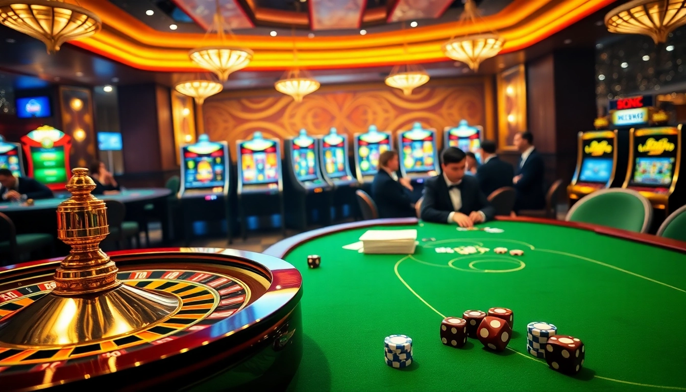 Une scène vibrante présentant un casino fiable en ligne avec des joueurs de poker, une roulette et des machines à sous.