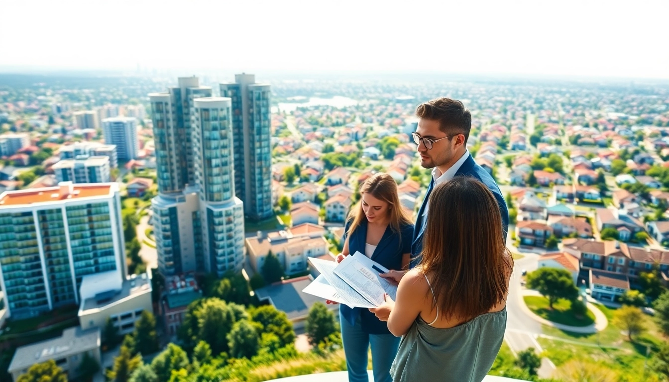 Real Estate agent showcasing properties in a vibrant modern cityscape environment.