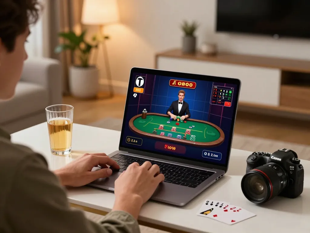 Agen Casino Online gameplay at home featuring an engaging blackjack session on a laptop.