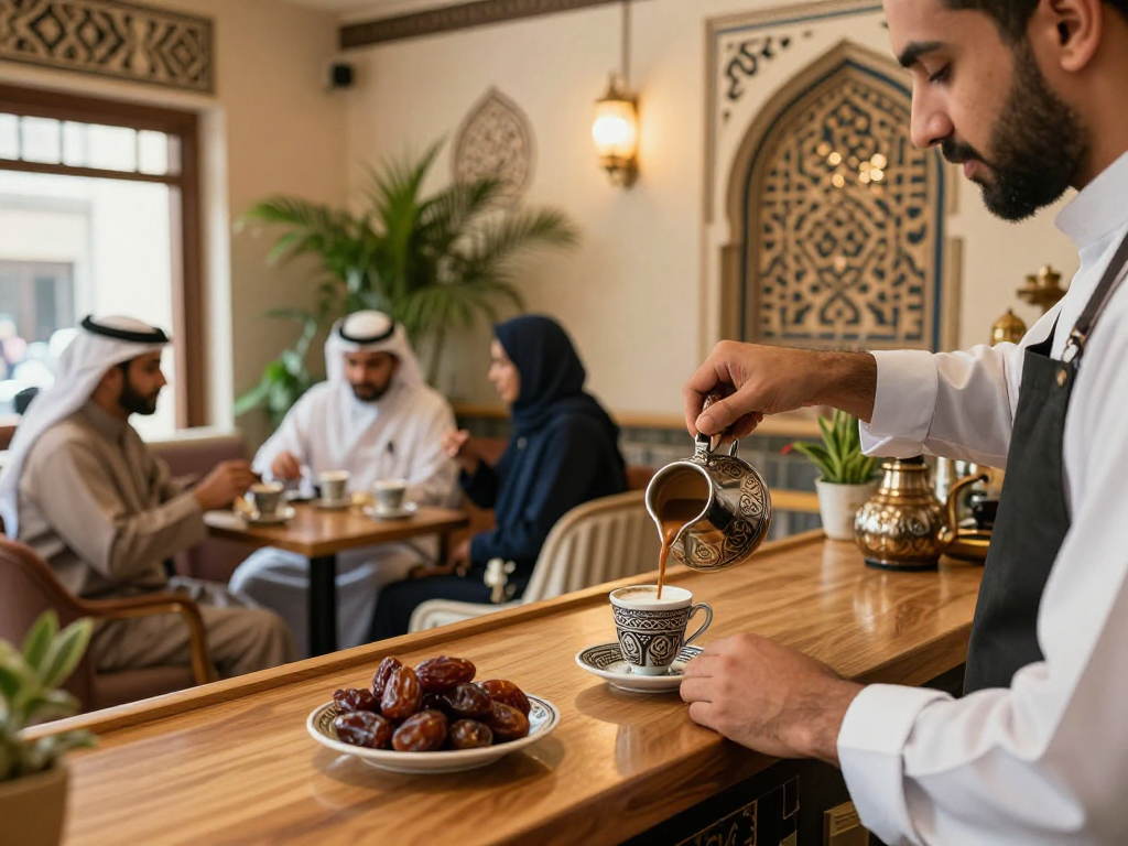 قهوجي الرياض يقدم القهوة العربية في مقهى تقليدي مع تواريخ