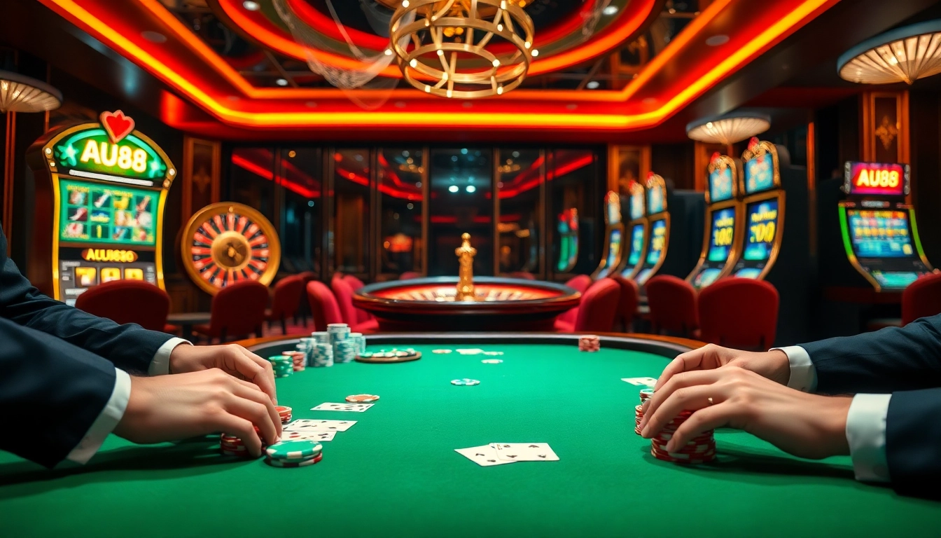 AU88 casino scene with players engaged at a poker table, showcasing vibrant gambling activity.
