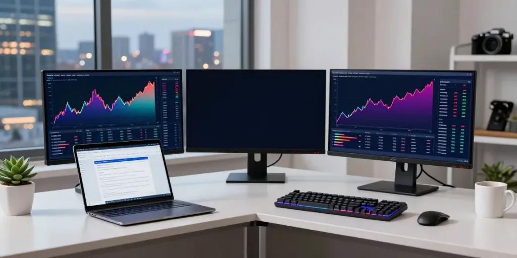 Real-time 股票行情接口 trading setup with multiple monitors, digital wallet, and urban workspace.