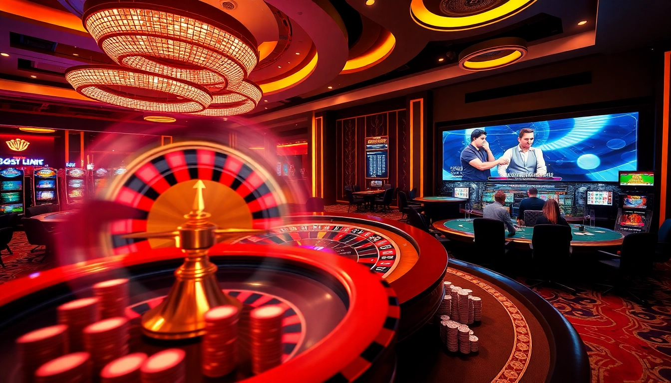 Experience thrilling bets at gg88 com with vibrant casino scenes filled with spinning roulette wheels.