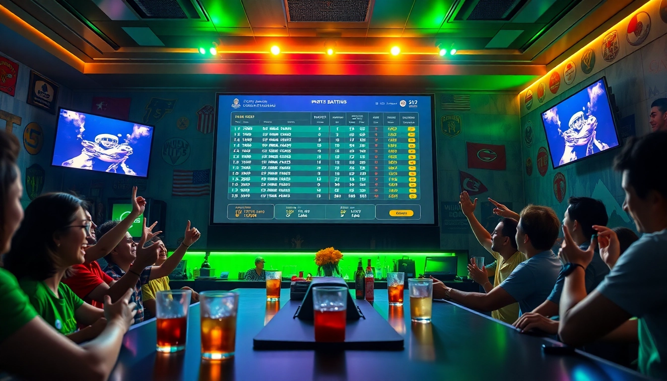 A lively sports betting scene showcasing kèo nhà cái odds with engaged fans cheering, bright colors, and a modern digital interface.