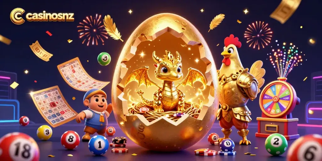 Experience the excitement at casinosnz with a vibrant golden dragon scene amidst dynamic lottery elements.