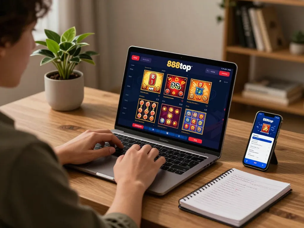 Person engaging with casino games on 888top online platform, showcasing strategic betting setup.