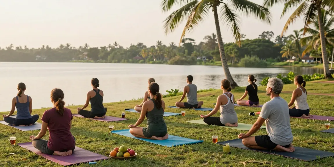Yoga students practicing in serene setting during 200 hour YTT Sri Lanka at Koggala Lake, emphasizing community and relaxation.