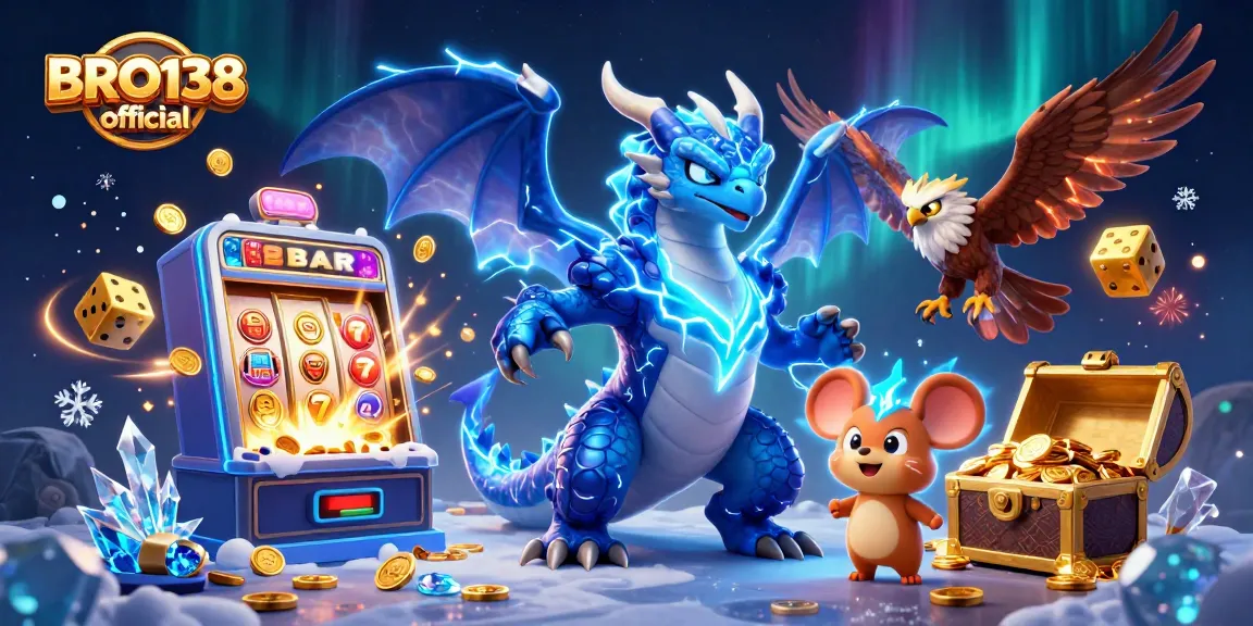 BRO138 official presents an exciting slot gaming experience with animated casino elements and energetic characters.