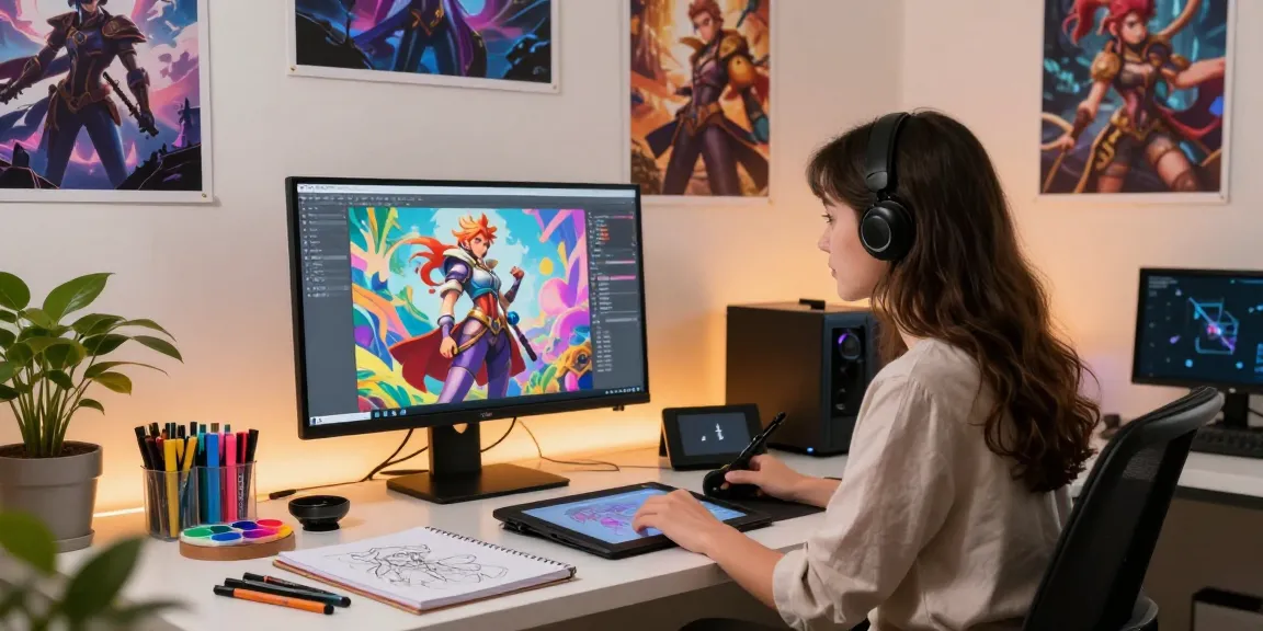 Creative young artist designing unique nsfw ai characters in a vibrant digital art studio.