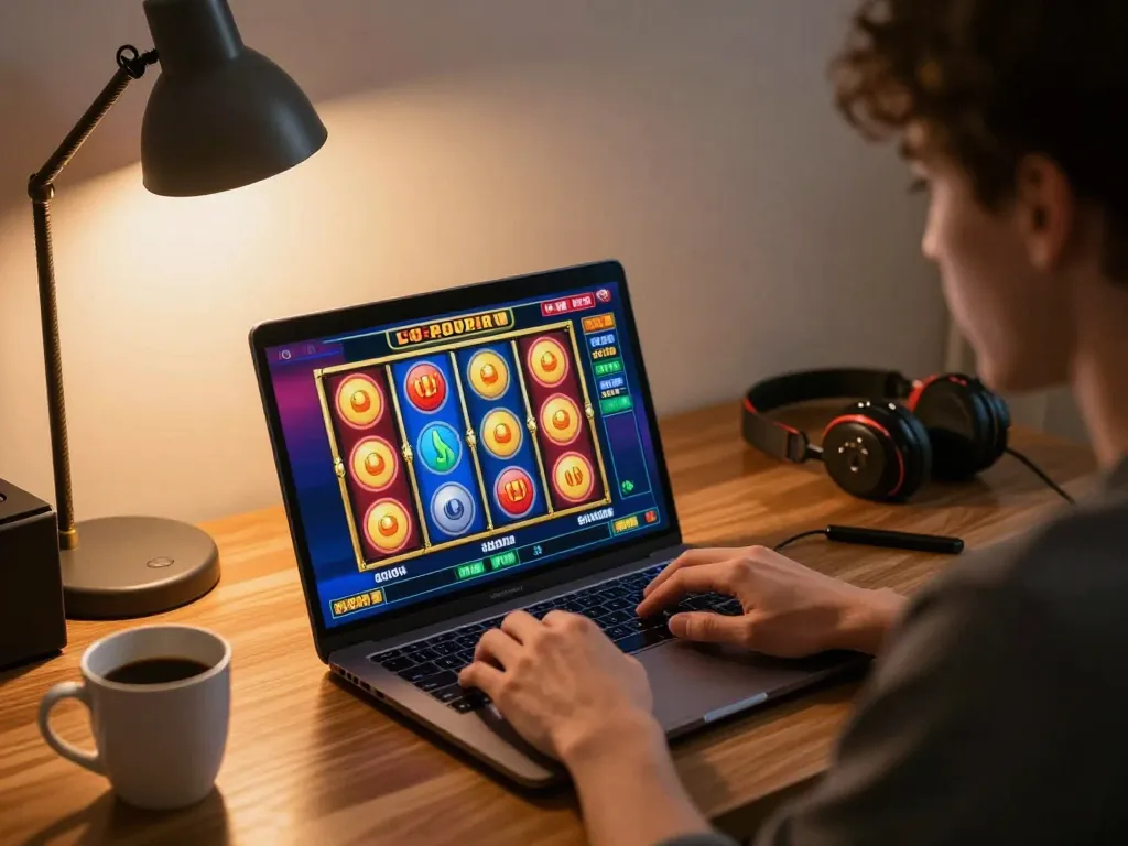 Engaged player enjoying slot online games on laptop in cozy home workspace.