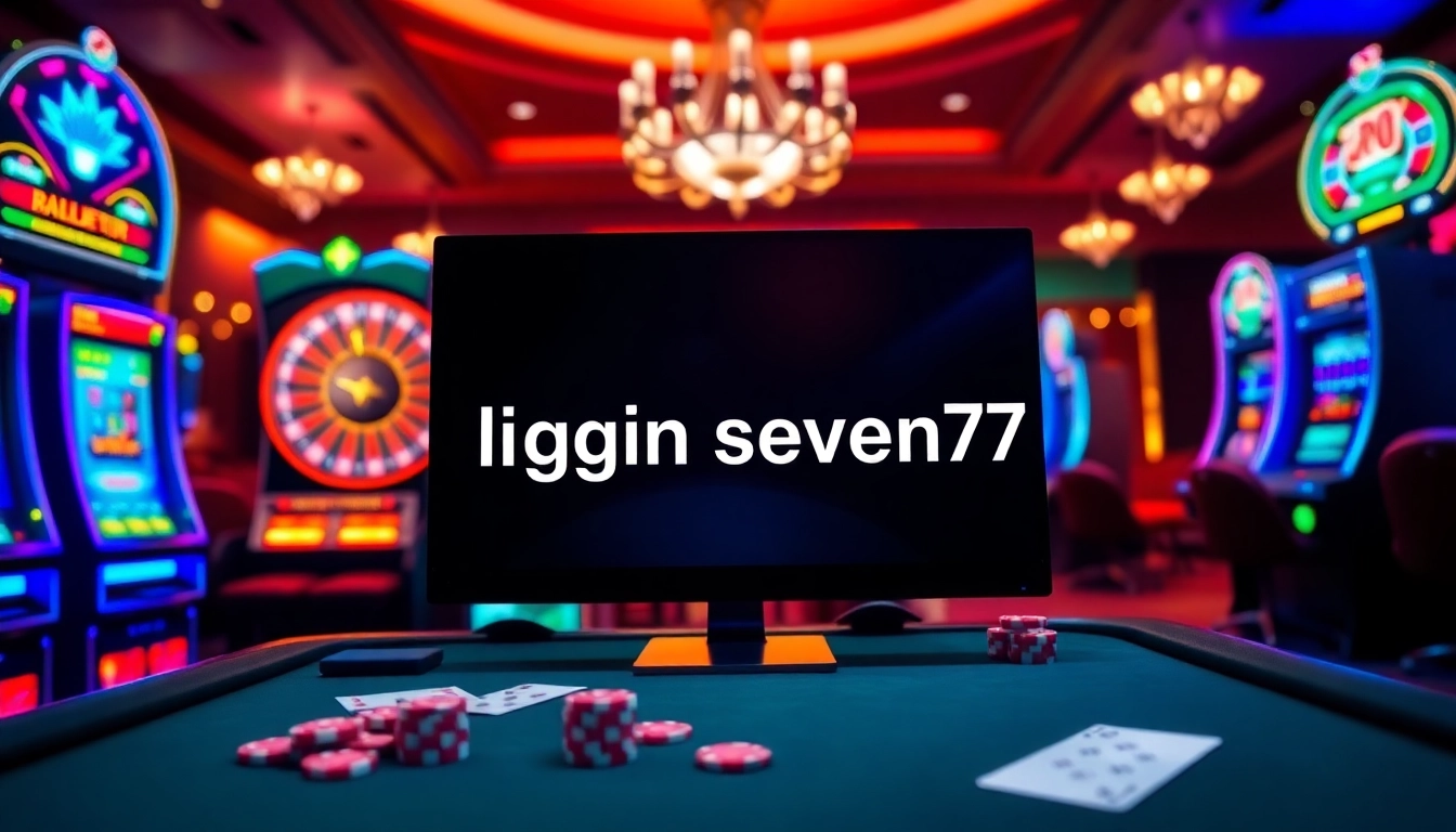 Engaging scene featuring login seven77 on a vibrant online casino interface with roulette and slot machines.