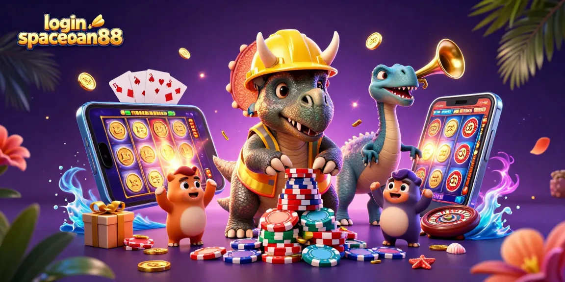 Experience the excitement of login spaceman88 with vibrant 3D casino characters celebrating a jackpot.