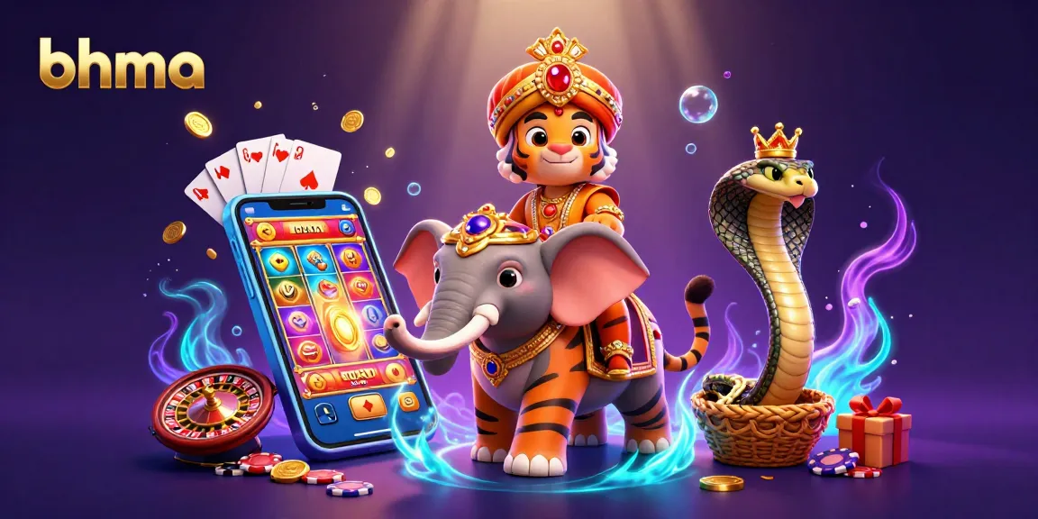 Engage with bhma in a vibrant casino adventure featuring a royal tiger and an elephant amidst gaming elements.