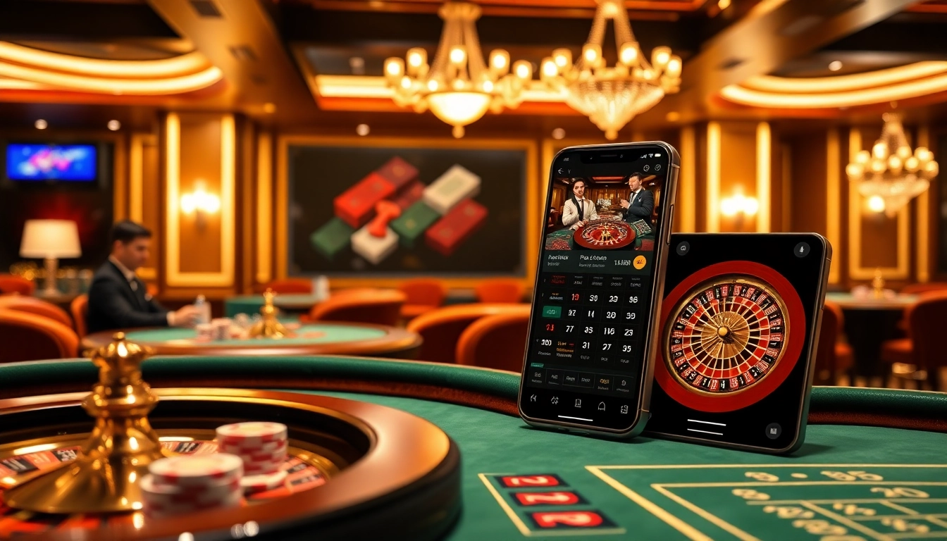 Une scène vibrante d'un casino en ligne luxueux francais présentant des roues de roulette et des tables de poker.