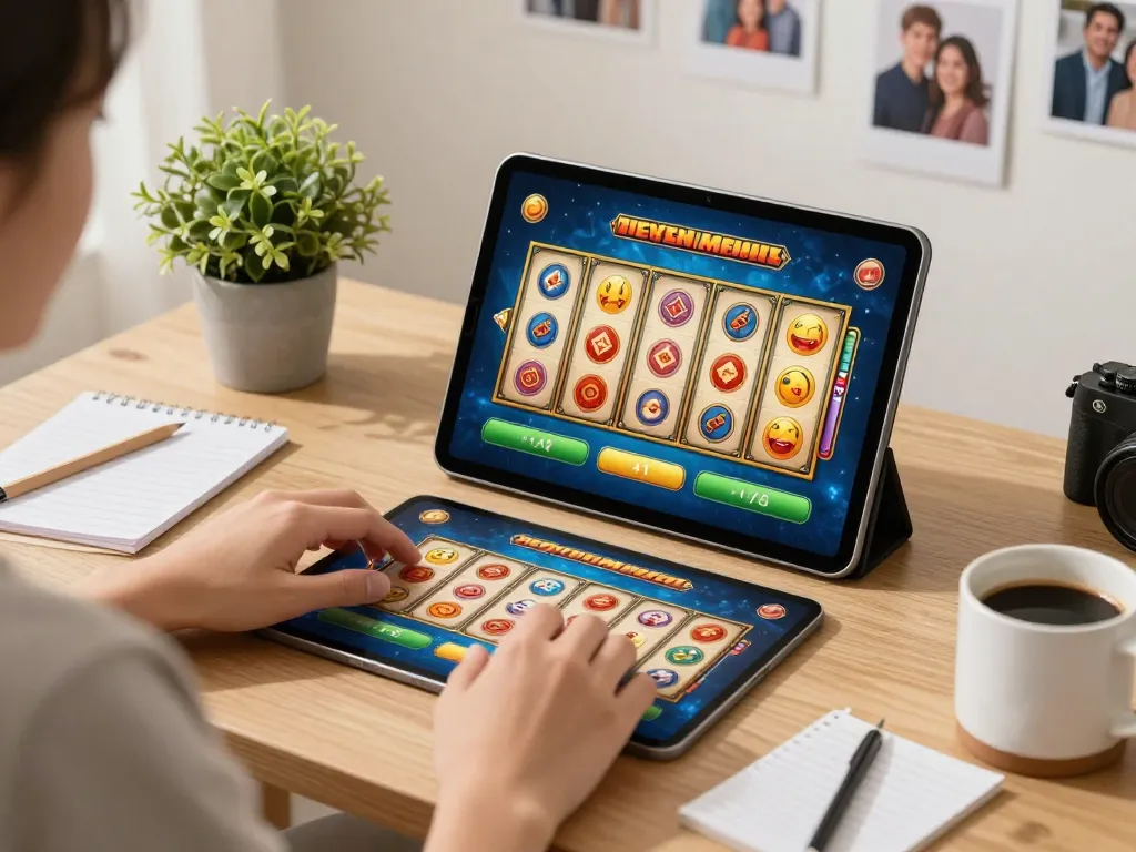 Engaging Mahjong slot gameplay on a tablet in a cozy home office setting, enhancing the gaming experience.