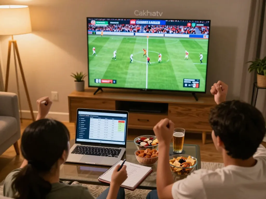 Enjoying a thrilling football stream Cakhiatv in a cozy living room with snacks and a laptop.