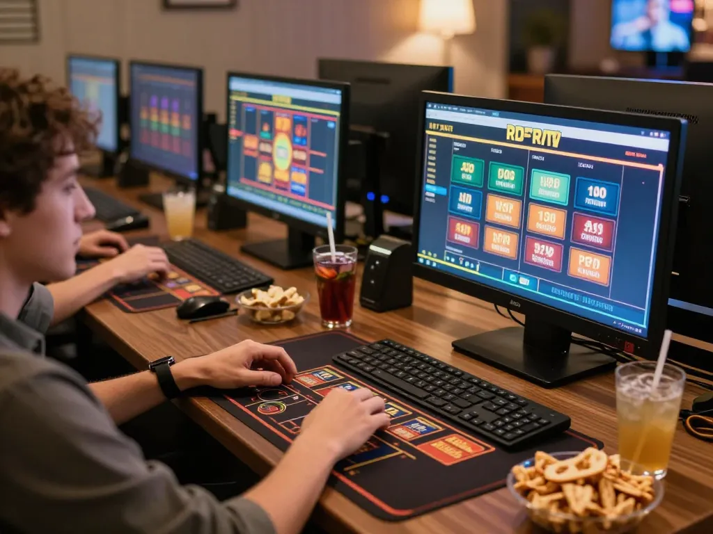 Engaging user exploring Rtp Dewapoker slots in a cozy online casino setting, enhancing gambling strategies at home.