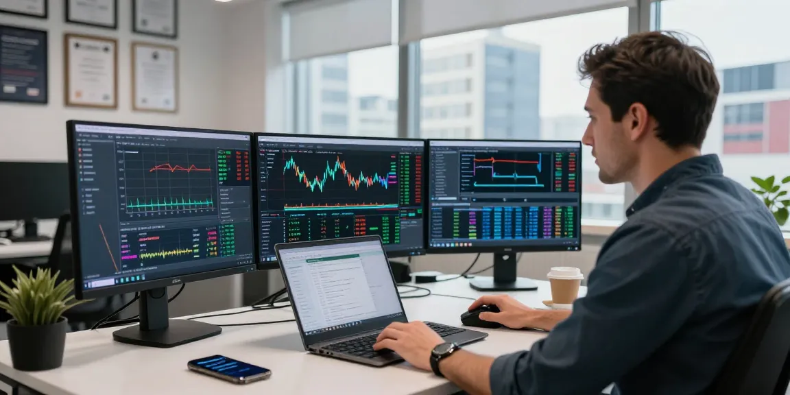 Traders utilizing MetaTrader 5 in a modern workspace with multiple screens and market analysis