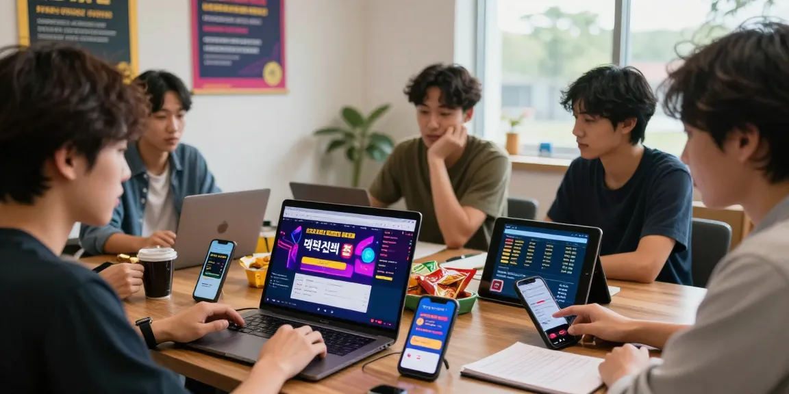 Dynamic scene of a gambling community discussing 먹튀검증 추천 먹튀스팟, highlighting safety in online betting.