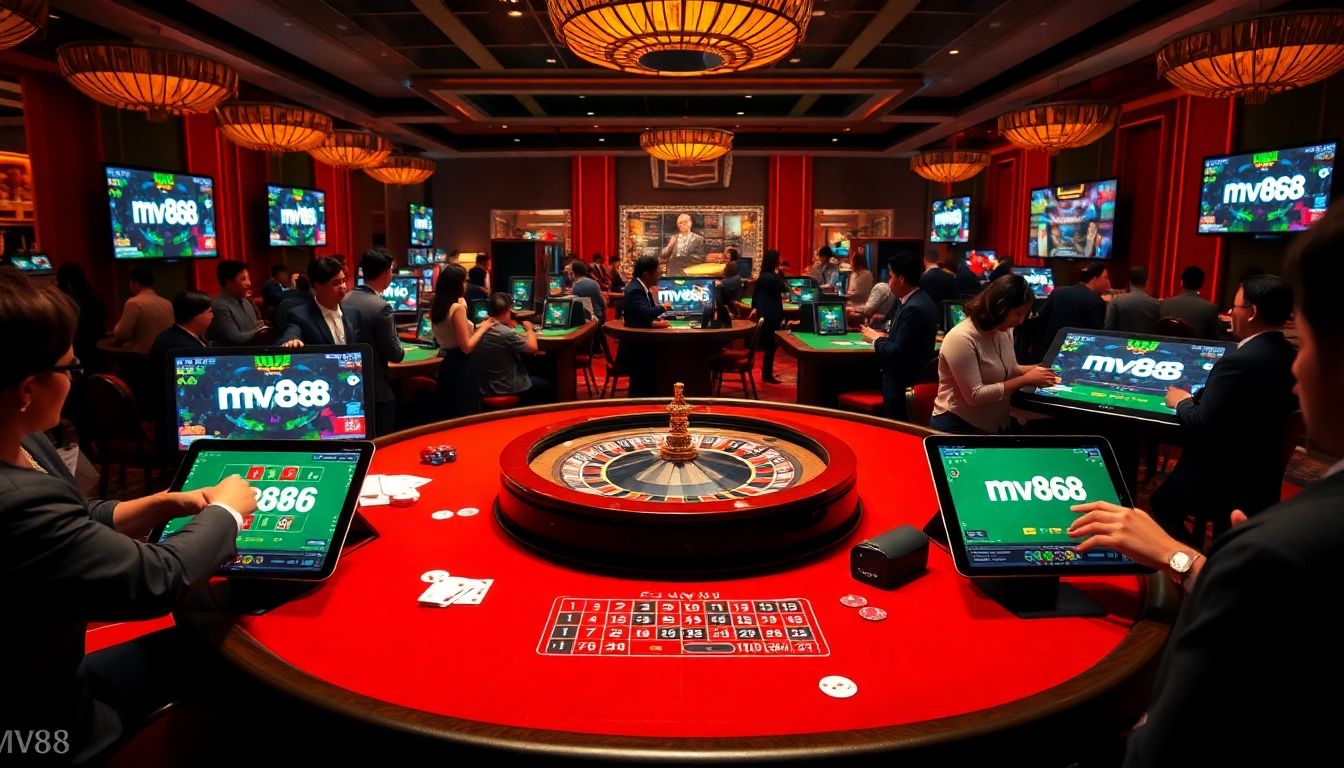 Players enjoying excitement at the mv88 casino table with vibrant gaming elements.