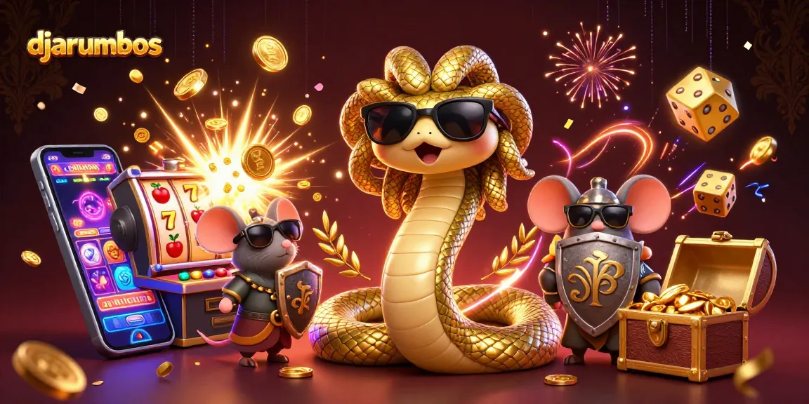 Djarumbos jackpot scene featuring Medusa and warrior mouse celebrating with slot machines and vibrant casino symbols.