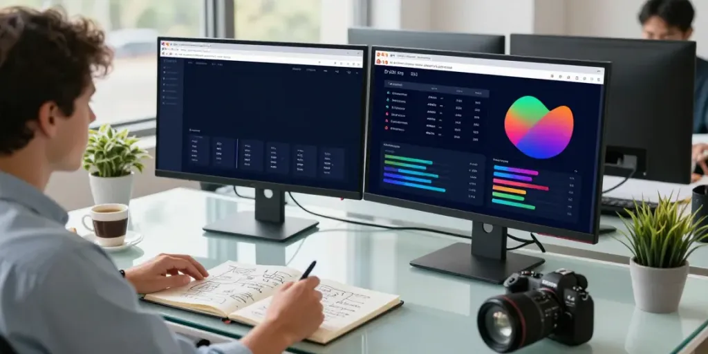 SEO specialist using instant indexing tools at a digital marketing workspace, surrounded by analytics dashboards and website metrics.