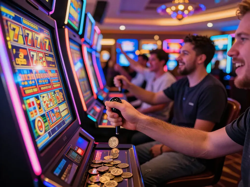 Slot777 mesin dengan pemain meraih jackpot di kasino cerah dan ramai.