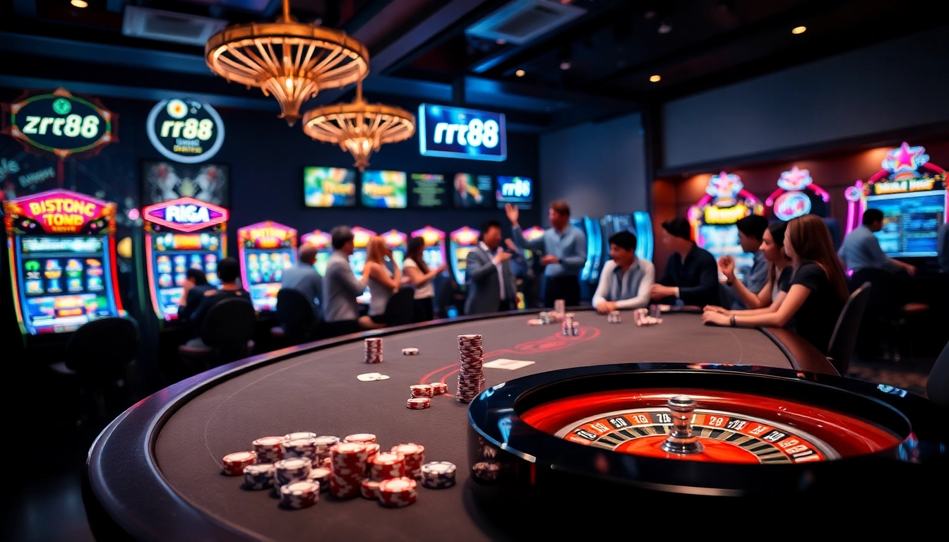 Experience the excitement of the rr88 link with a dynamic casino scene featuring poker tables and vibrant slot machines.