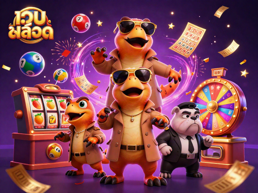 Engage with เว็บสล็อต as three cartoon raptors in a trench coat attempt to enter a casino lounge.