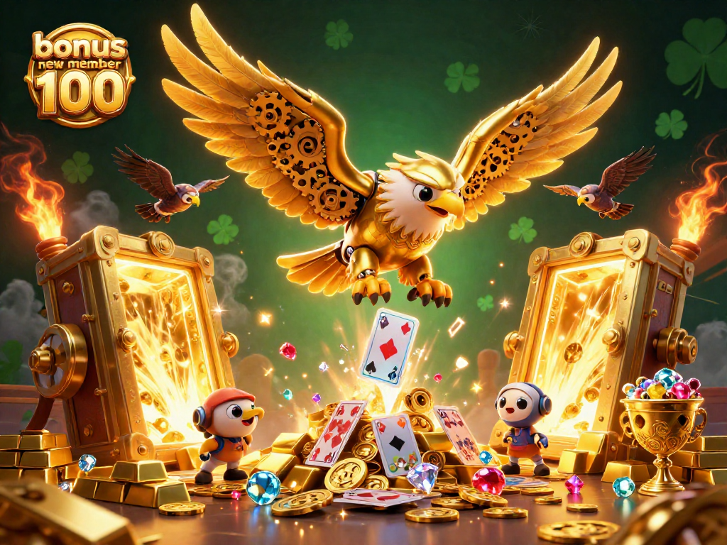 Experience thrilling wins with bonus new member 100 in this vibrant casino-themed 3D illustration.
