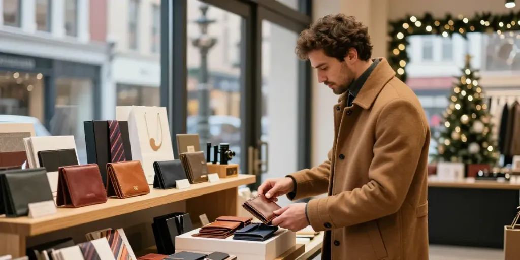 Christmas gifts for him displayed in a stylish shop, showcasing elegant accessories and a cozy atmosphere.
