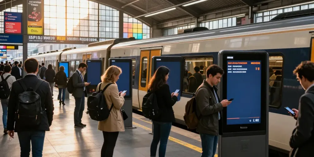 Urban train station scene showing commuters informed about Sciopero