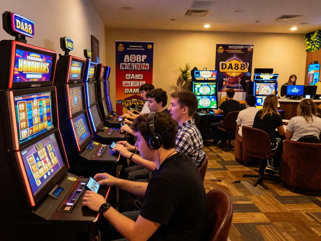 Engaging scene of players enjoying games at DA88 with colorful slot machines.