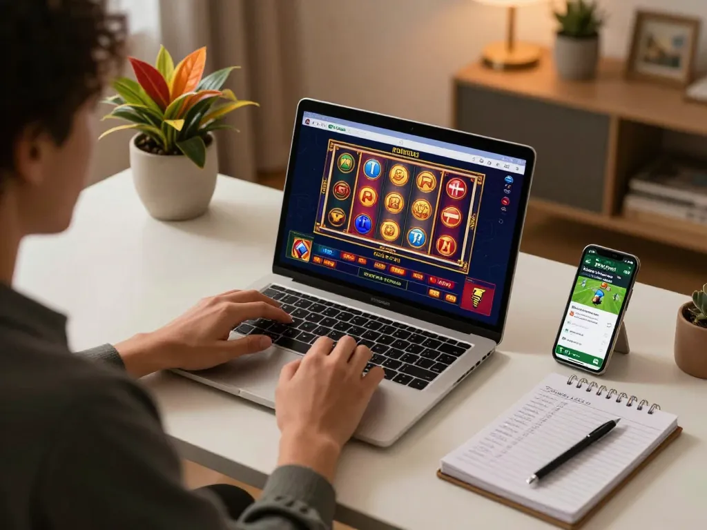 Engaging online gambling scene showcasing ทางเข้า m102 on a laptop with vibrant slot games and sports betting app.