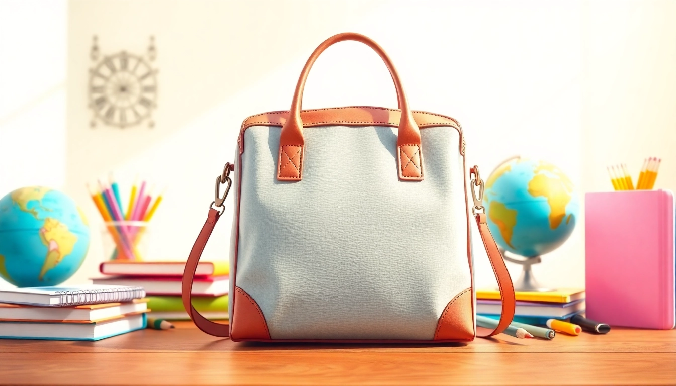 Trendige Handtasche für Schulen auf einem Schreibtisch mit bunten Schulsachen.