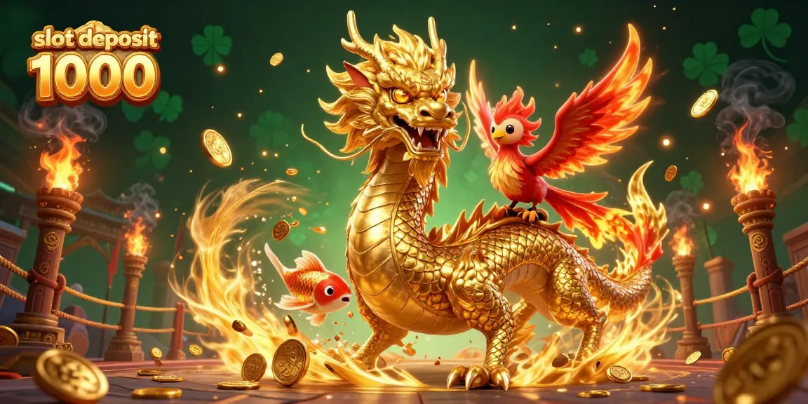 Pemain melaksanakan slot deposit 1000 dengan keberuntungan, dikelilingi oleh naga emas dan simbol keberuntungan dalam permainan kasino.