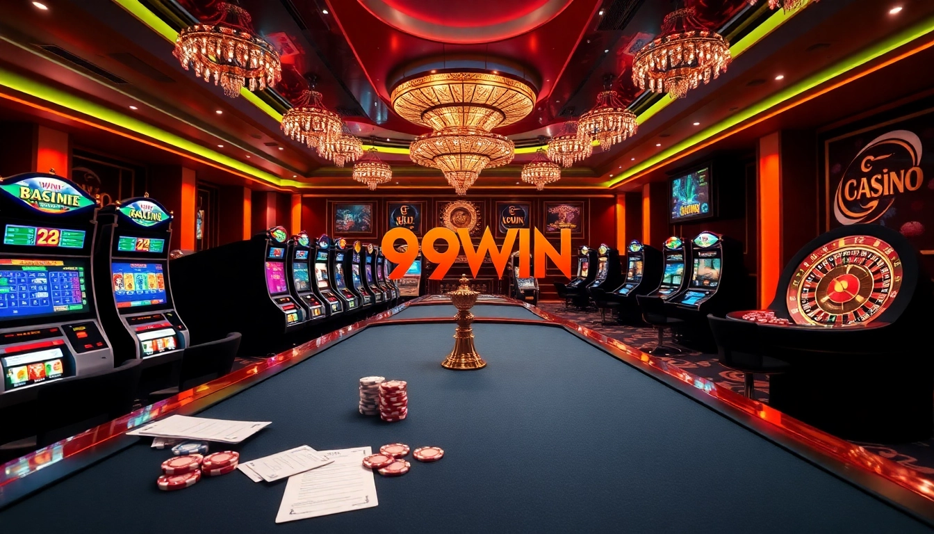 Experience thrilling gameplay at 99WIN with colorful poker chips and vibrant online casino elements.