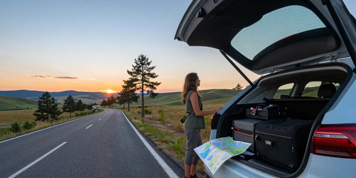 Chirie auto chisinau: Traveler unloading luggage from a rental car in Moldova's countryside during sunset.