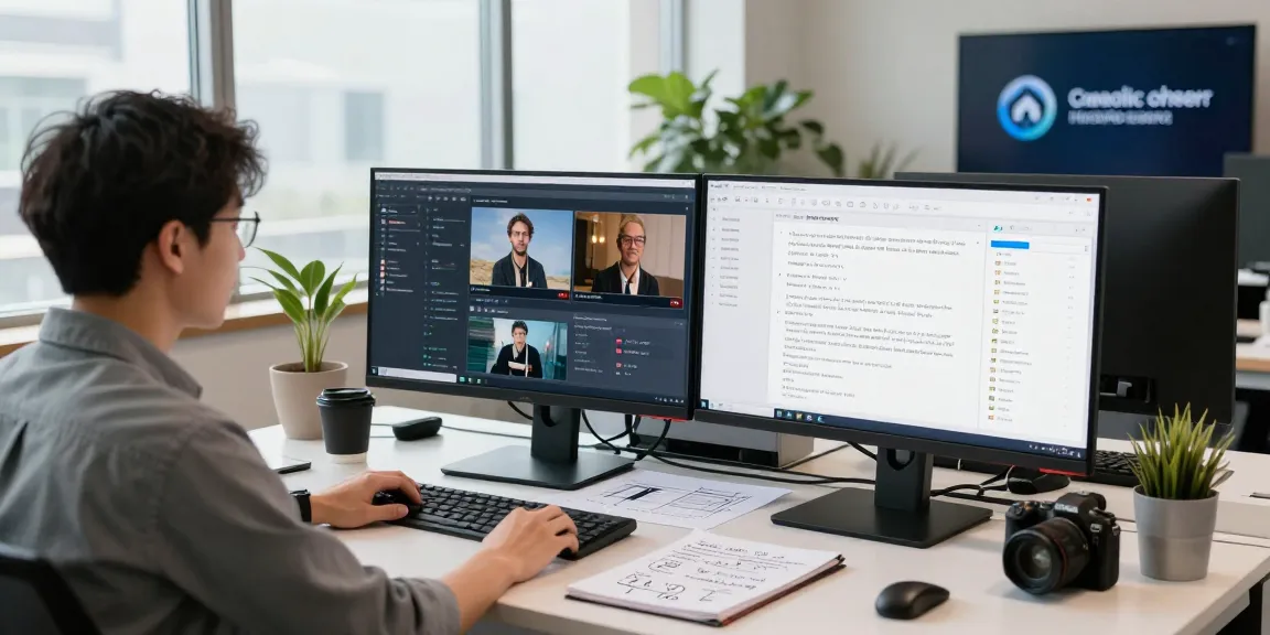 AI image detector interface displayed on dual monitors, professional analyzing flagged content in bright office setting.