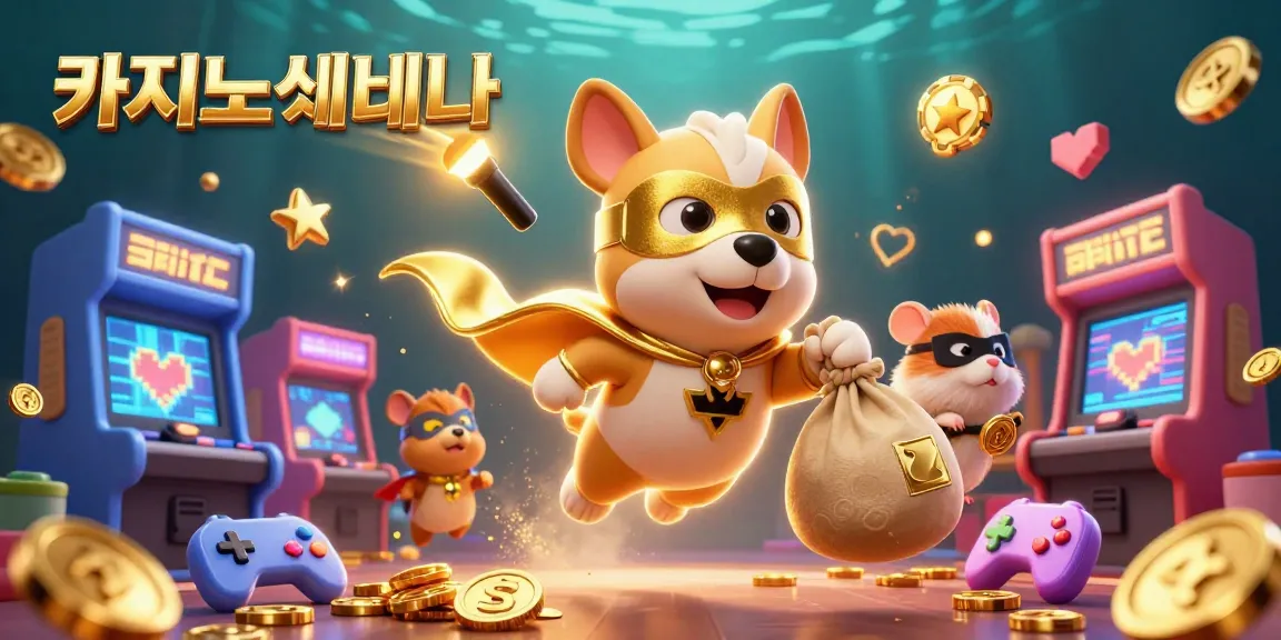카지노사이트에서 금화 가방을 들고 하늘을 나는 3D 만화 슈퍼독과 그의 사이드킥 햄스터의 생동감 있는 장면
