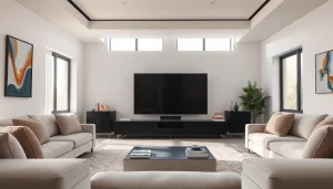 Experience luxury with a modern living room setup for iron tv, illuminated by natural light.