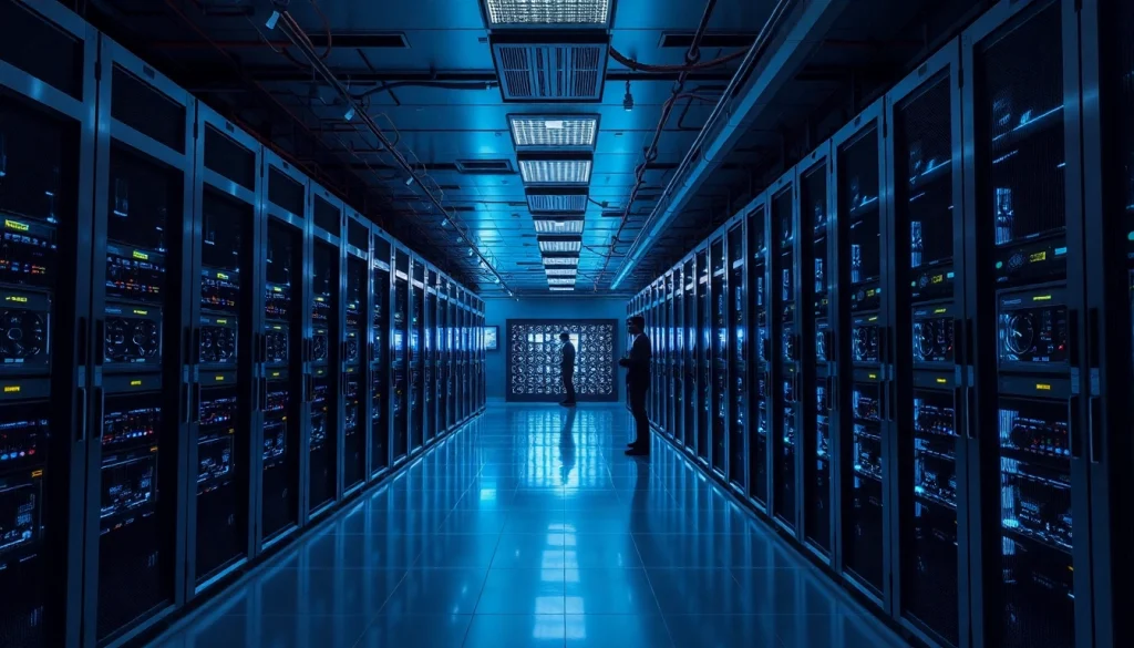 Explore top cloud mining technology in a modern data center featuring high-tech mining rigs and real-time data.