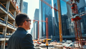 Manhattan Construction Manager supervising a busy urban construction site with professionals.