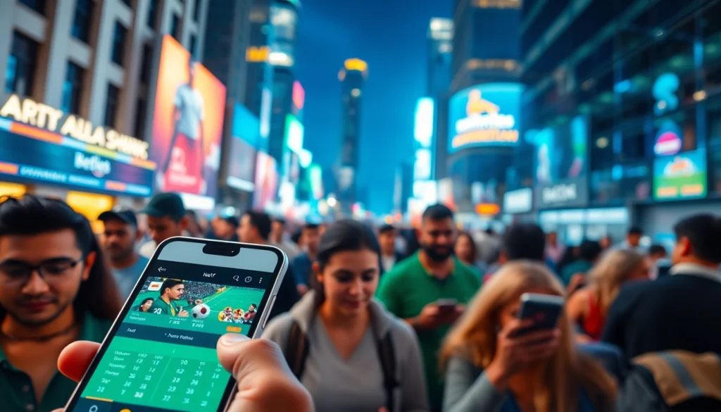 Engaging interaction with online sportsbooks India through mobile devices in a vibrant urban environment.