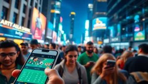 Engaging interaction with online sportsbooks India through mobile devices in a vibrant urban environment.