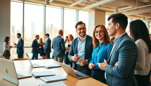 Network of professionals discussing new york jobs in a modern office with a skyline view.