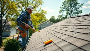 Engaging professional roofing services performed on a suburban roof, showcasing a skilled roofer at work.