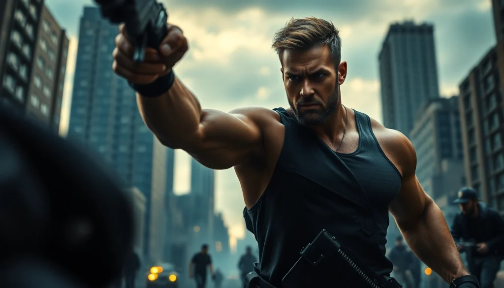 Heroic figure poised for action in urban setting, conveying themes better than Jack Reacher.